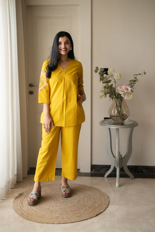 Risha Embroidered Coord Set- Yellow
