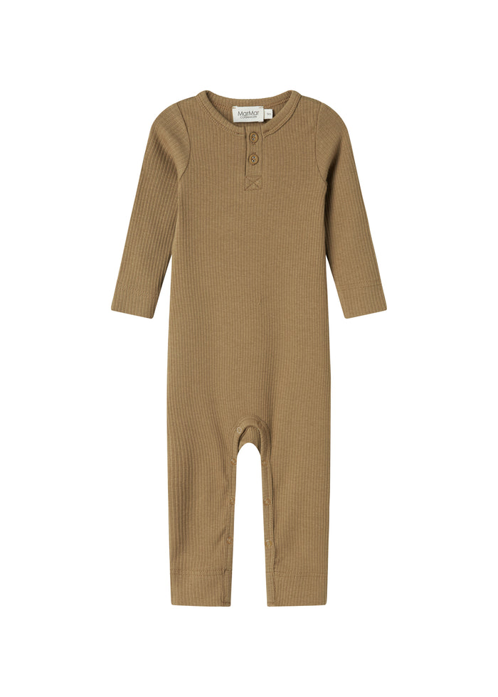 Ribbed brown jumpsuit for baby in soft material with long sleeves, long legs and buttons