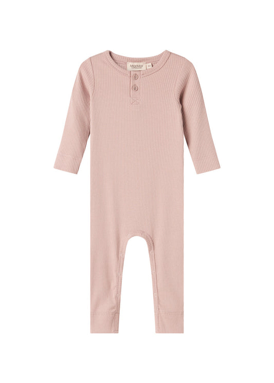 Ribbed pink baby jumpsuit in soft material with long sleeves, long legs and buttons