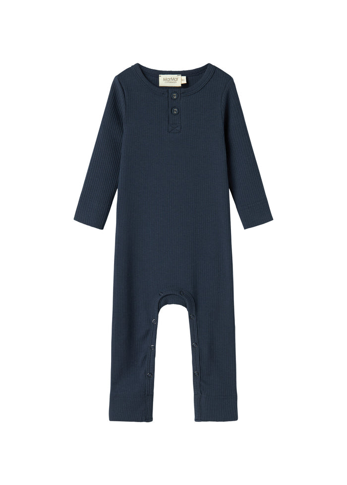 Ribbed blue baby jumpsuit in soft material with long sleeves, long legs and buttons