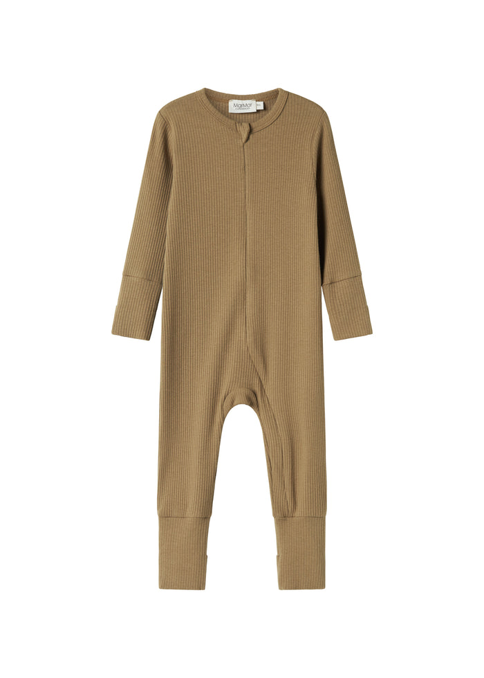 Ribbed brown jumpsuit for baby in soft material with long sleeves and long legs and zipper