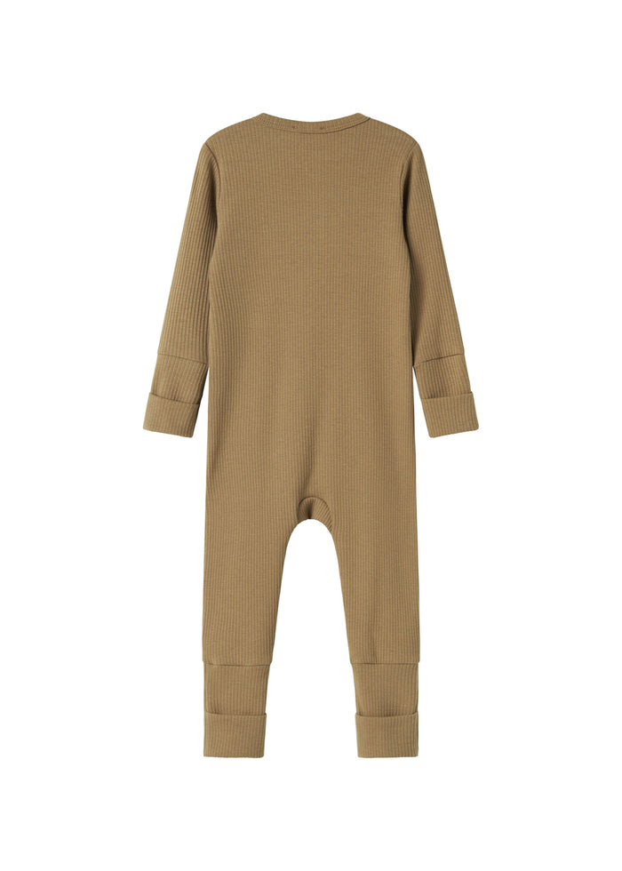 Ribbed brown jumpsuit for baby in soft material with long sleeves and long legs and zipper