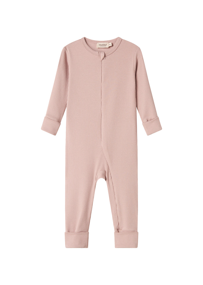Ribbed pink baby jumpsuit in soft material with long sleeves and long legs and zipper