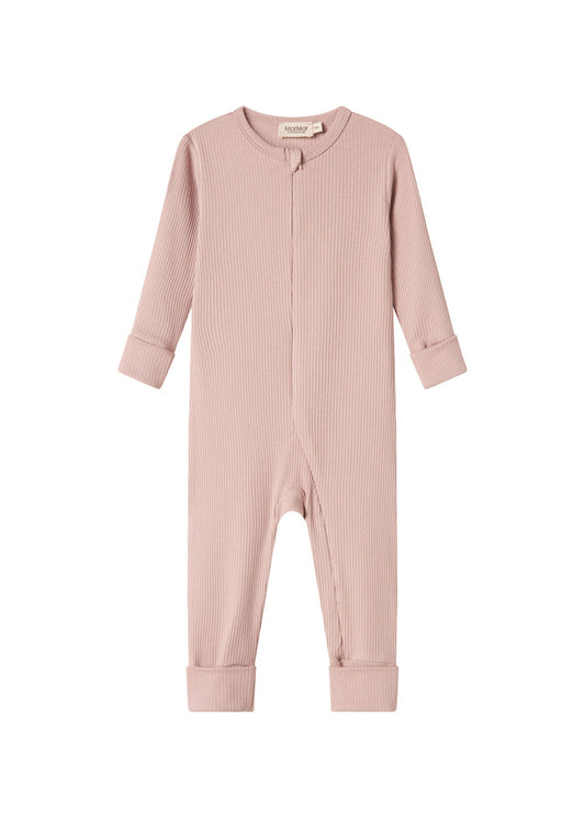 Ribbed pink baby jumpsuit in soft material with long sleeves and long legs and zipper