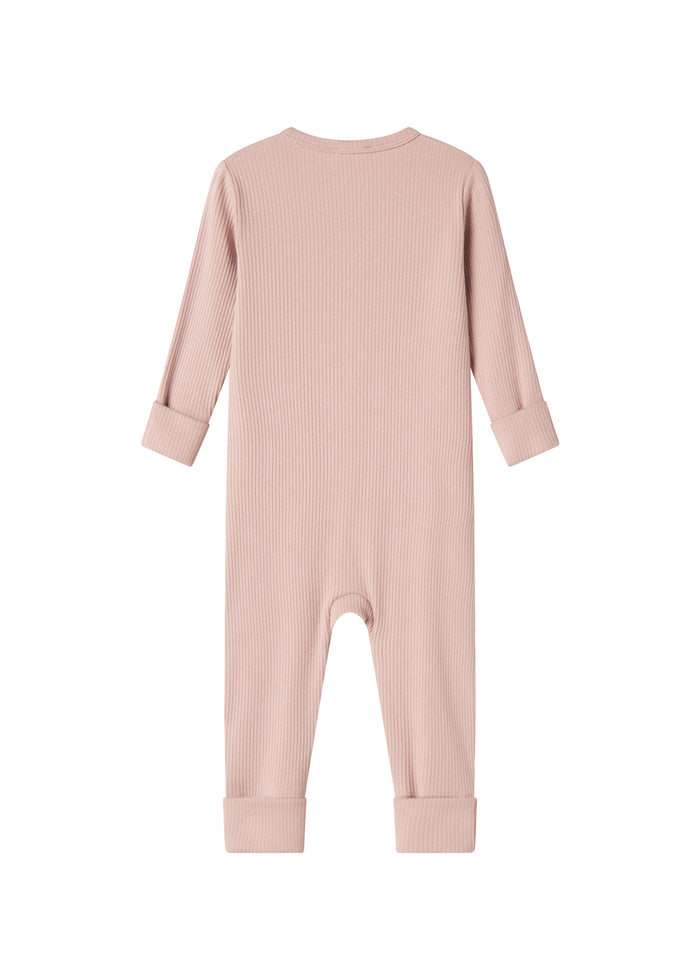 Ribbed pink baby jumpsuit in soft material with long sleeves and long legs and zipper