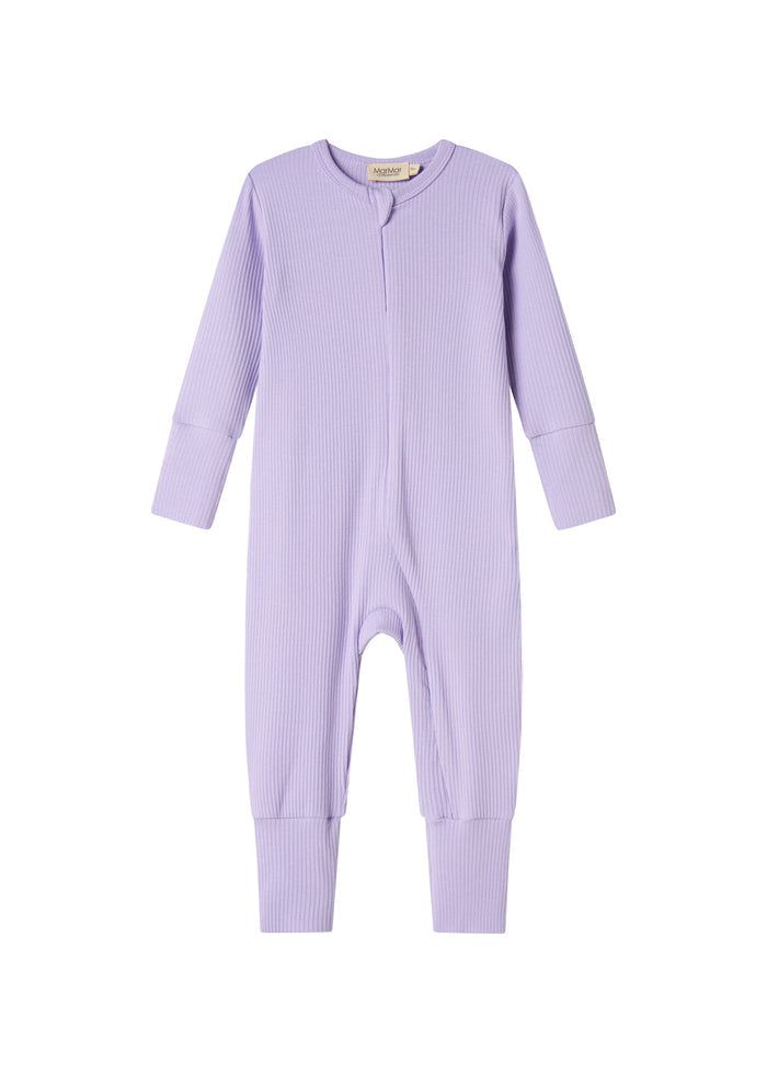 Ribbed light purple baby jumpsuit in soft material with long sleeves and long legs and zipper