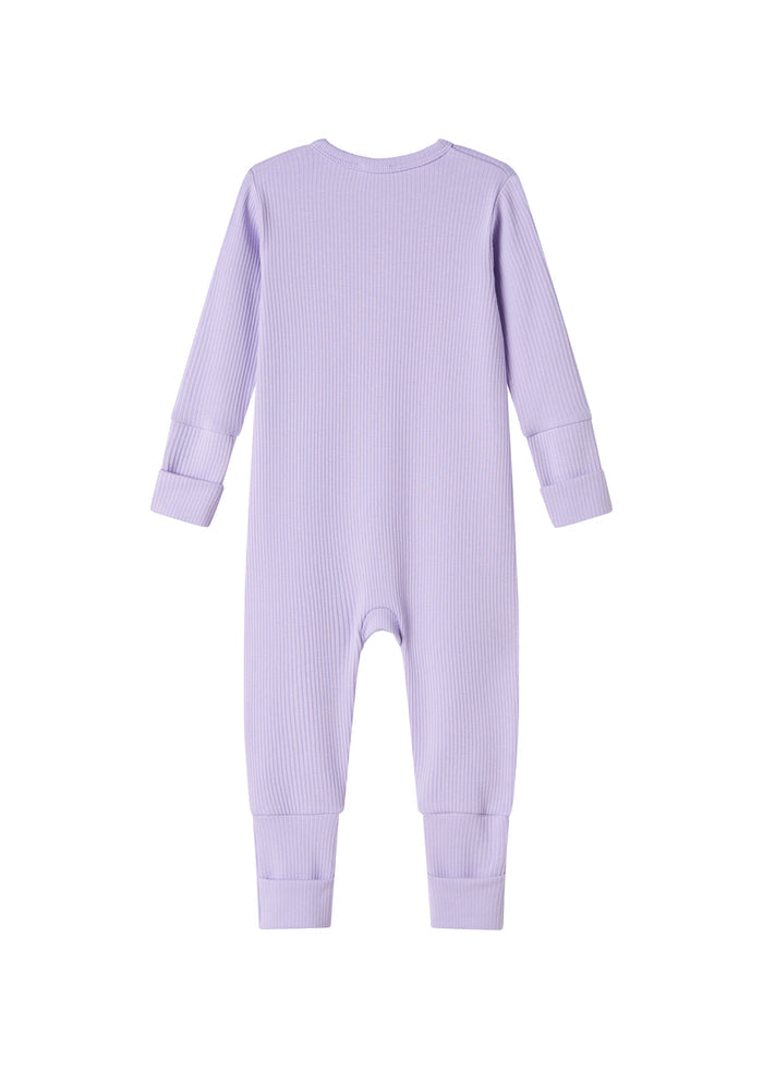 Ribbed light purple baby jumpsuit in soft material with long sleeves and long legs and zipper