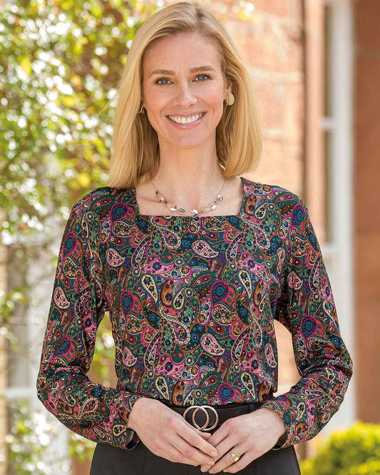 Rosalyn Patterned Viscose Long Sleeve Square Neck Top - Country Collection