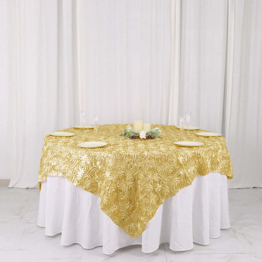 Gold rose tablecloth draped over a round table with white skirt.