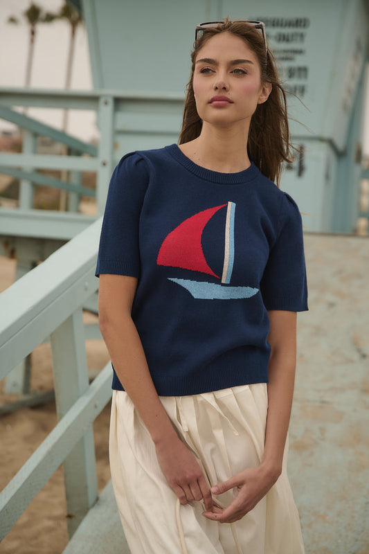 Sail Boat Short Sleeve Sweater