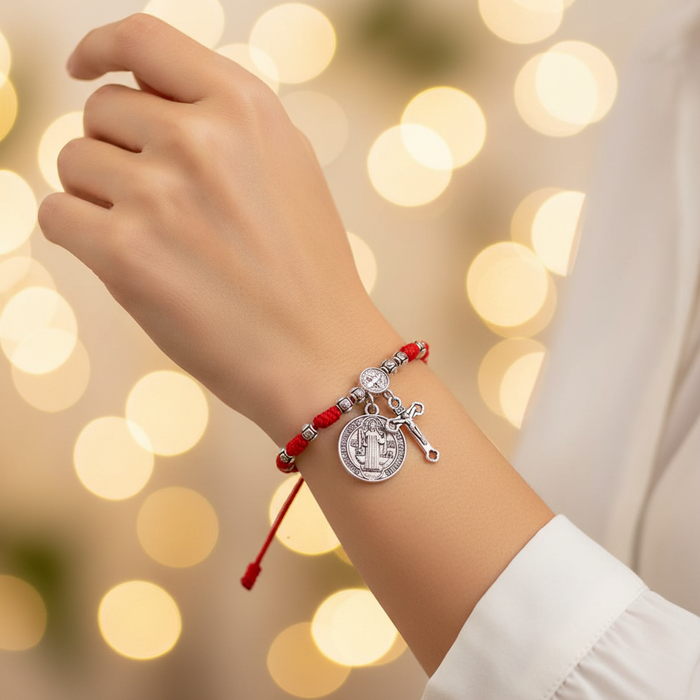 Saint Benedict Protection Bracelet – Hand-Woven Red & Black Cord Rosary Bracelet with Crucifix & St. Benedict Medal Charm (Adjustable) (RBT-1949R2)