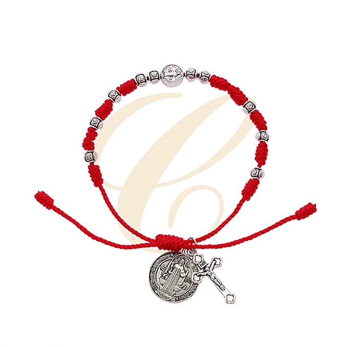 Saint Benedict Protection Bracelet – Hand-Woven Red & Black Cord Rosary Bracelet with Crucifix & St. Benedict Medal Charm (Adjustable) (RBT-1949R2)