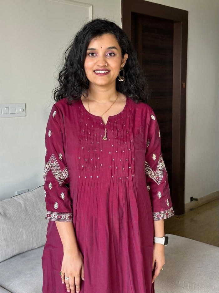 Sajda Mul Chanderi Luxe Set- Wine