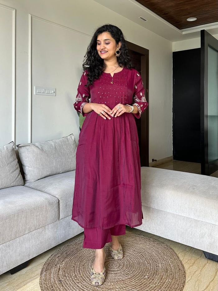Sajda Mul Chanderi Luxe Set- Wine