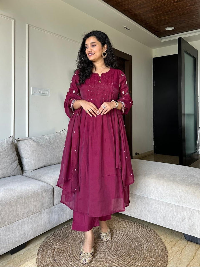 Sajda Mul Chanderi Luxe Set- Wine