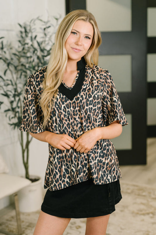Sassy Season Split Neck Leopard Print Blouse