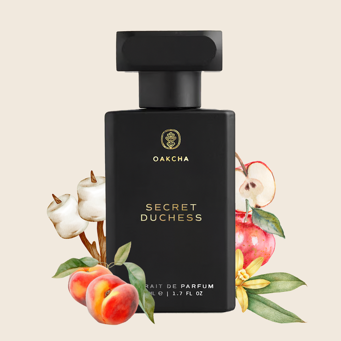 Front view of Secret Duchess perfume showing matte black bottle with gold Oakcha logo and watercolor fruits on beige