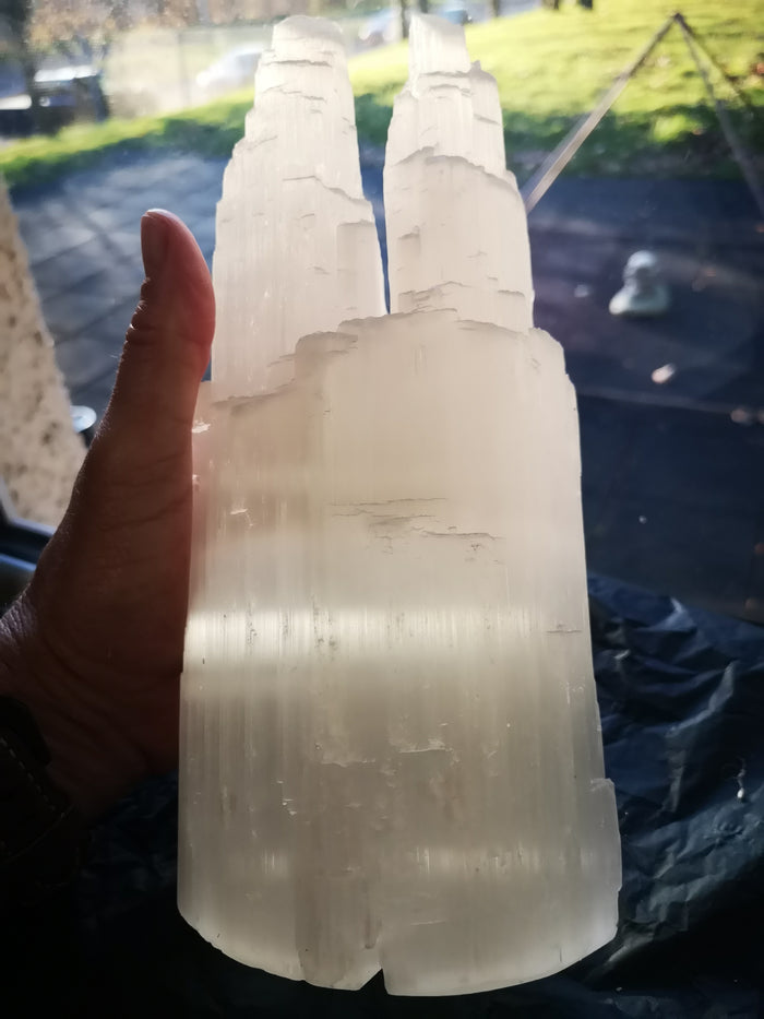 Earthstore® Selenite White Twin Peaked Tower Lamp (26cm≈10in and 40cm≈16in)