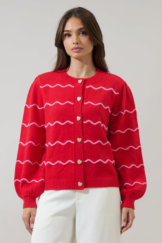 Seniry Wavy Stripe Balloon Sleeve Cardigan