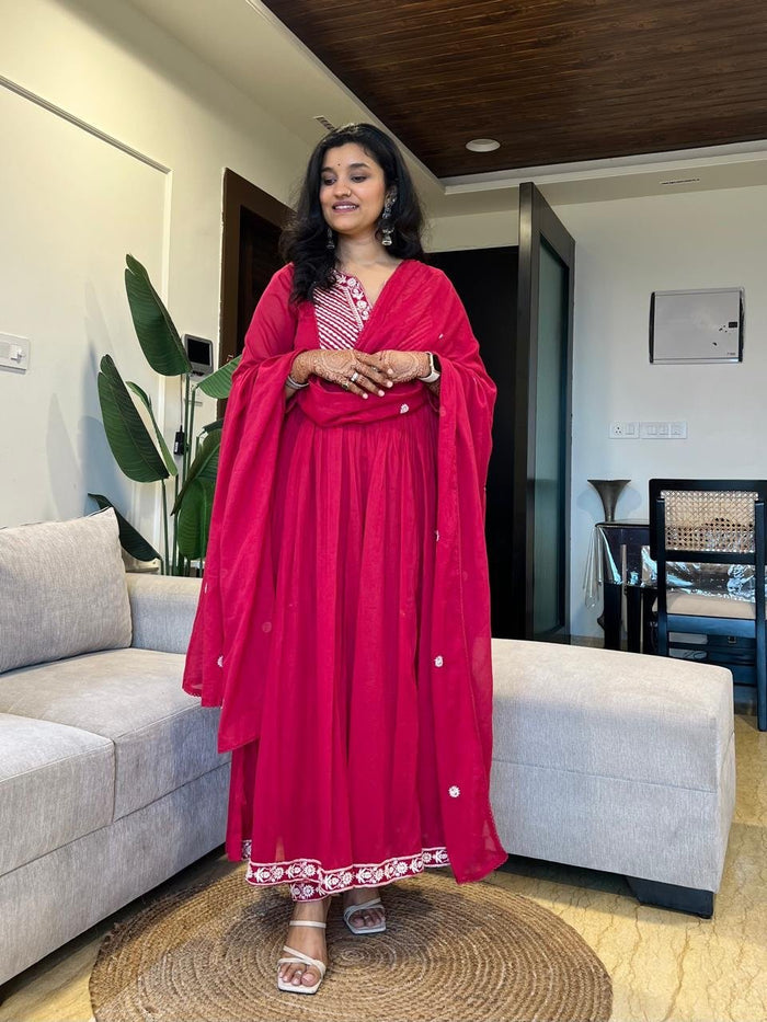 Shayla Embroidered Mulmul Anarkali Set- Dark Pink