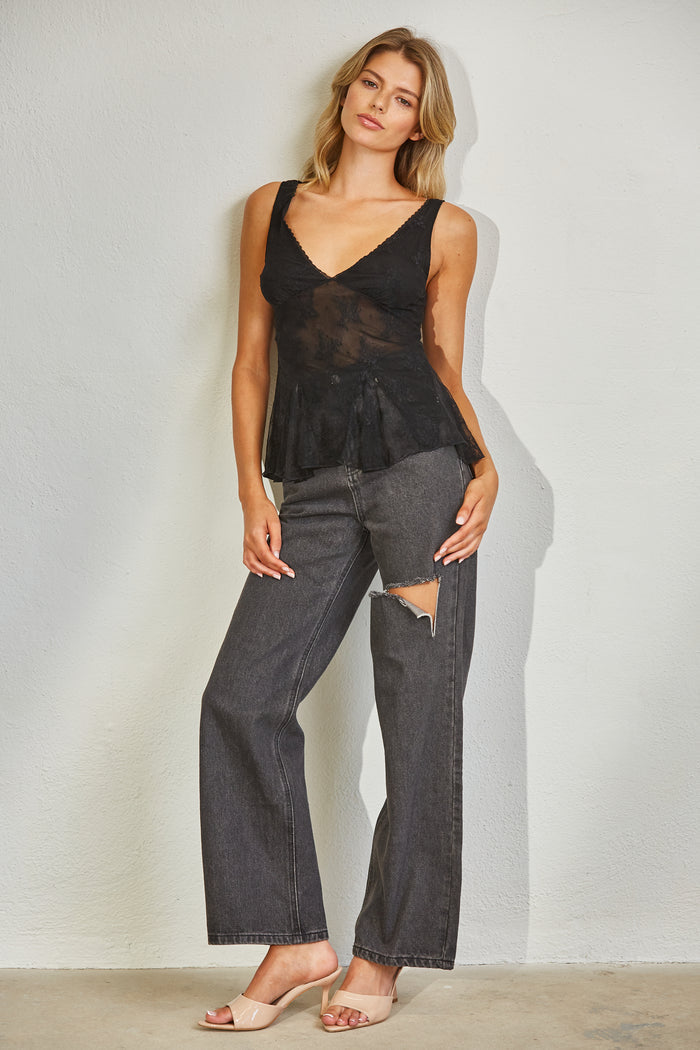 Sheer Lace Peplum Top - Black