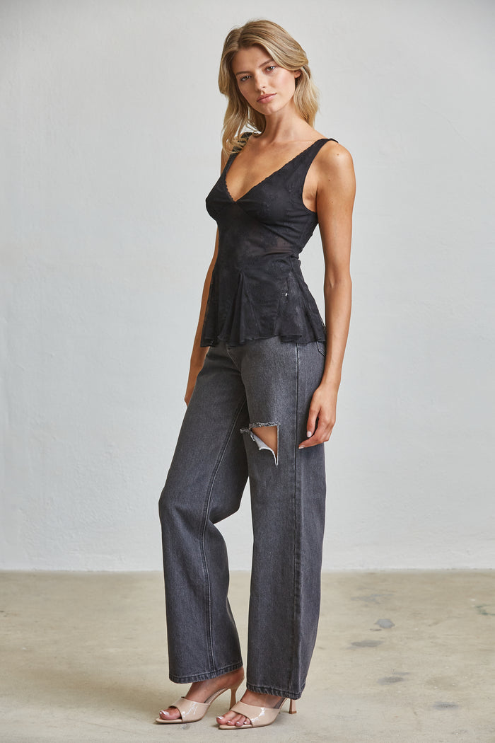 Sheer Lace Peplum Top - Black