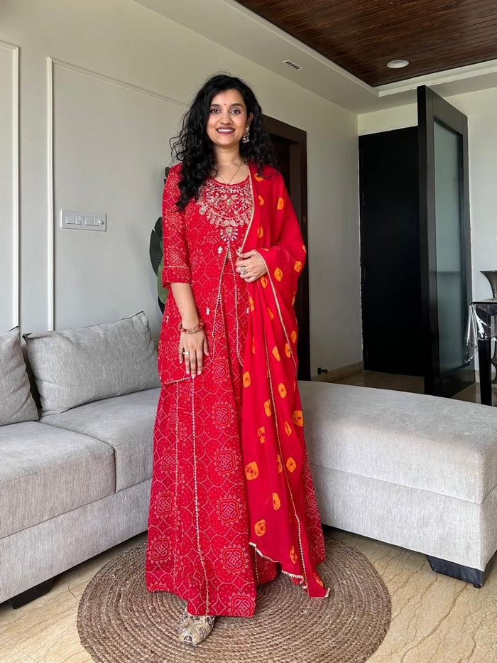 Shyama Red Bandhej Georgette Skirt Set