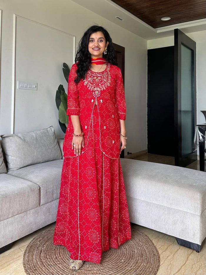Shyama Red Bandhej Georgette Skirt Set
