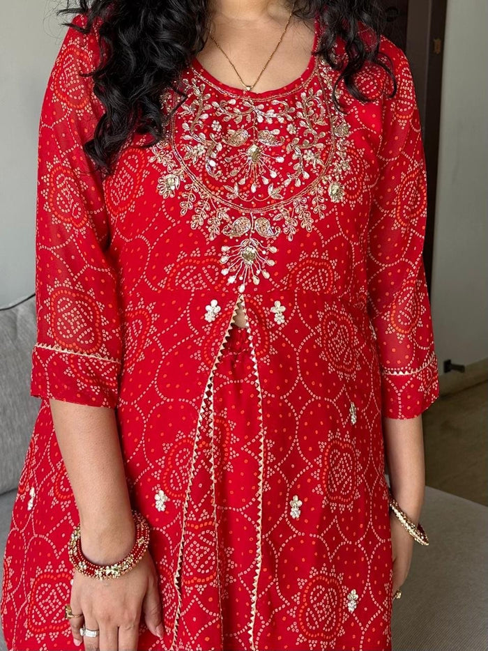 Shyama Red Bandhej Georgette Skirt Set