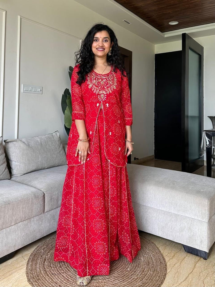 Shyama Red Bandhej Georgette Skirt Set
