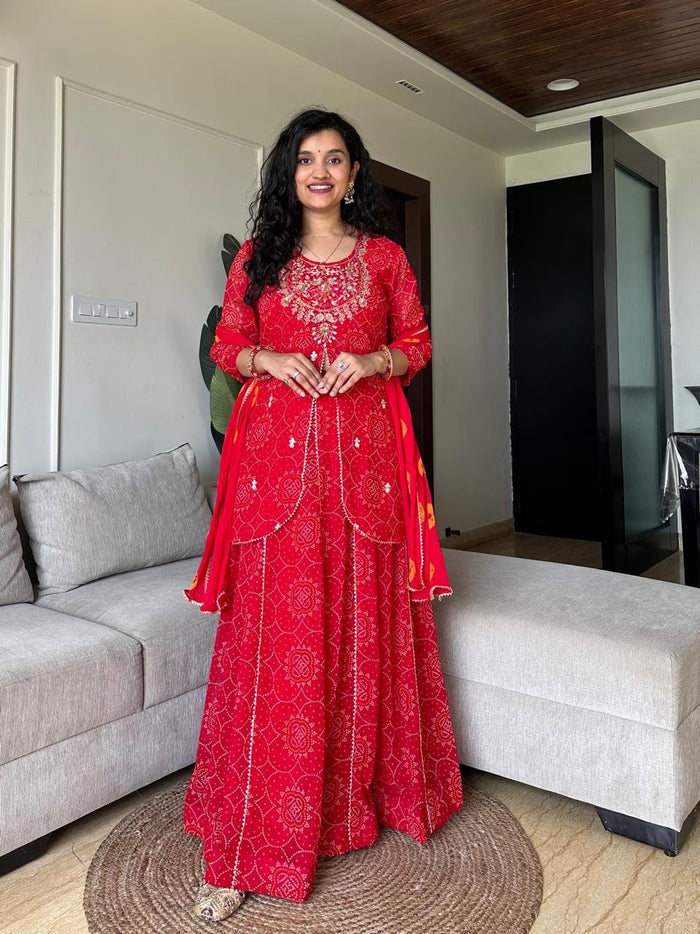 Shyama Red Bandhej Georgette Skirt Set
