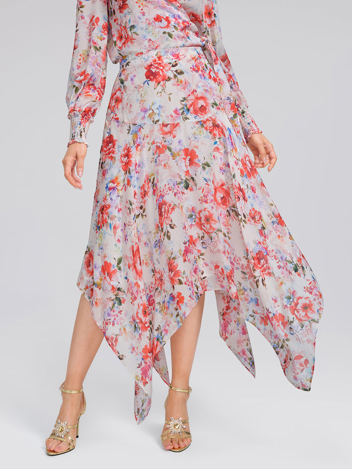 Silk Floral Asymmetric Hem Skirt