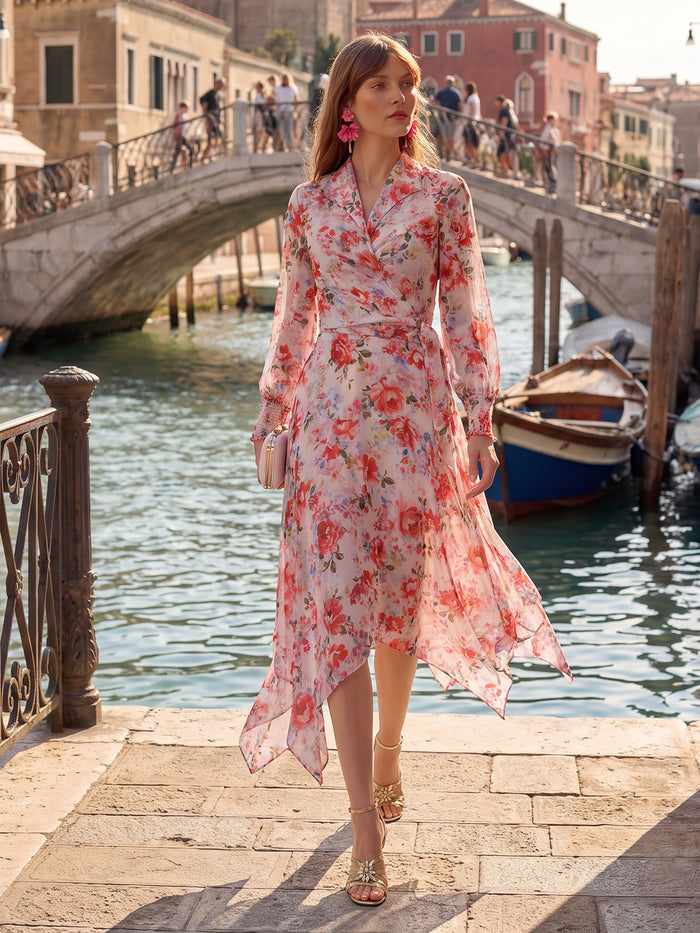 Silk Floral Asymmetric Hem Skirt
