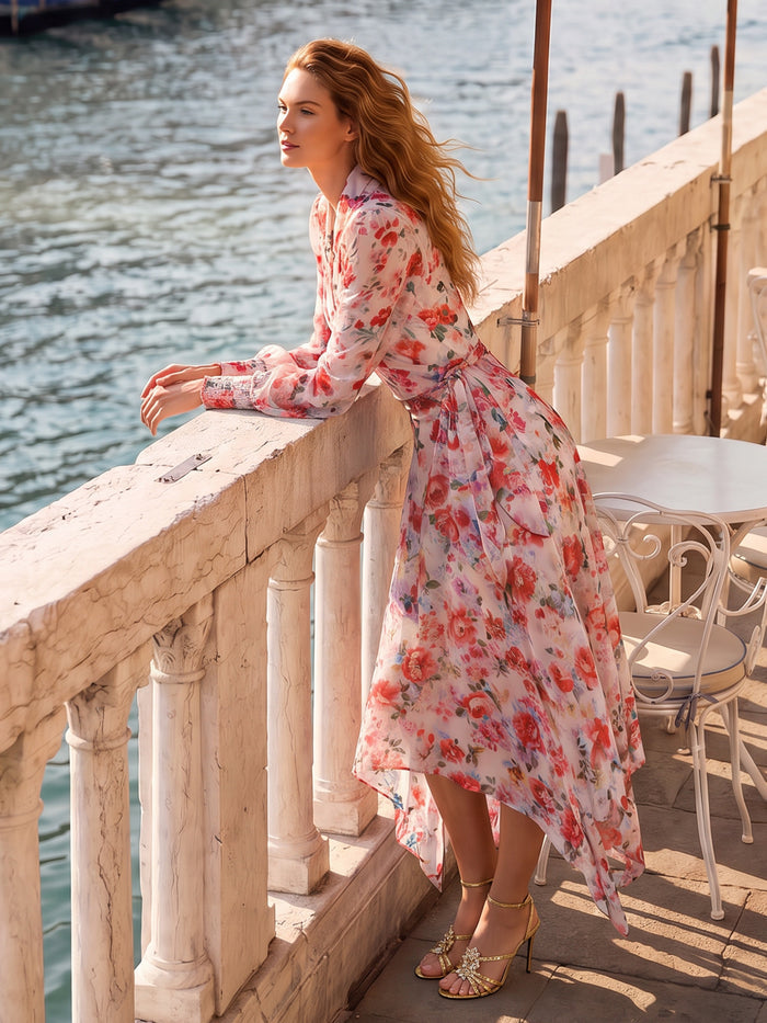 Silk Floral Asymmetric Hem Skirt