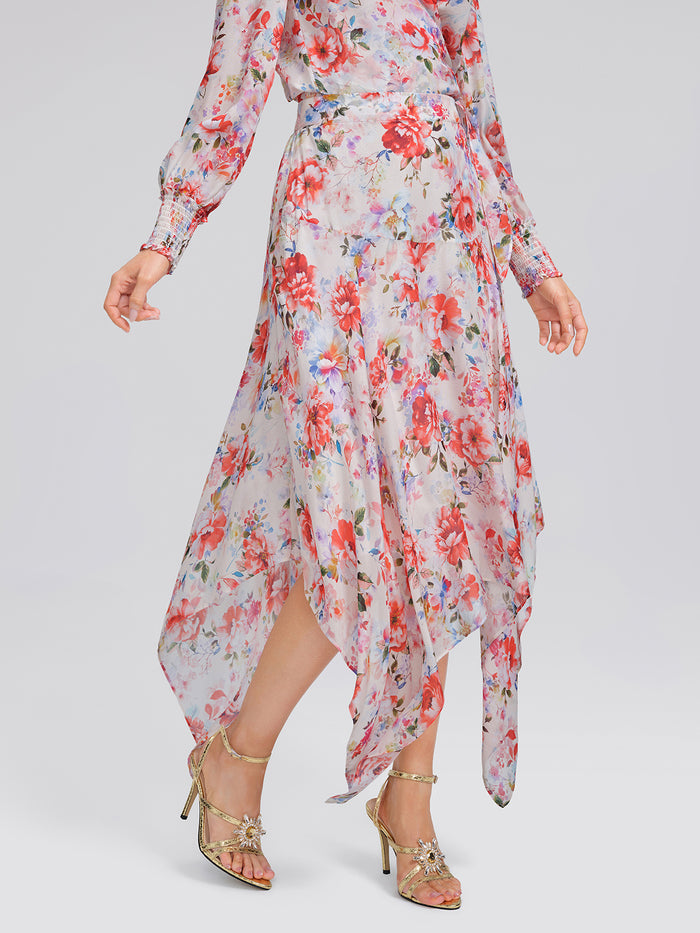 Silk Floral Asymmetric Hem Skirt