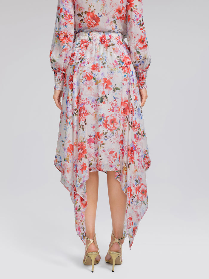 Silk Floral Asymmetric Hem Skirt