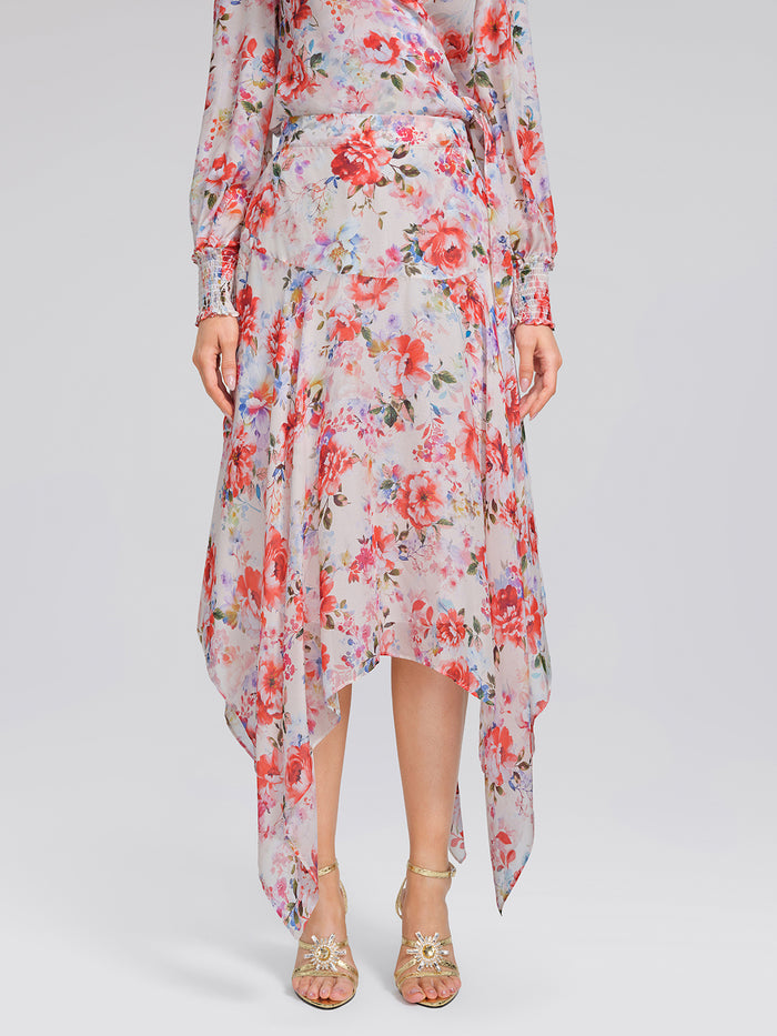 Silk Floral Asymmetric Hem Skirt