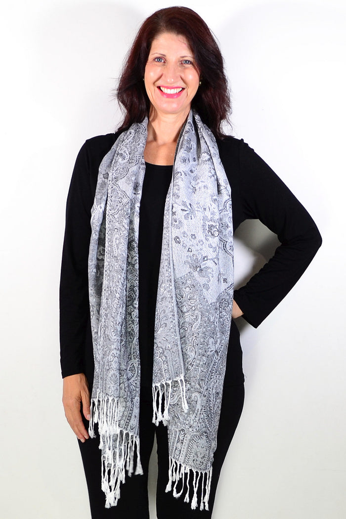 Silver grey paisley print scarf wrap by ivys, stylish women's scarf with intricate paisley design and soft fabric.