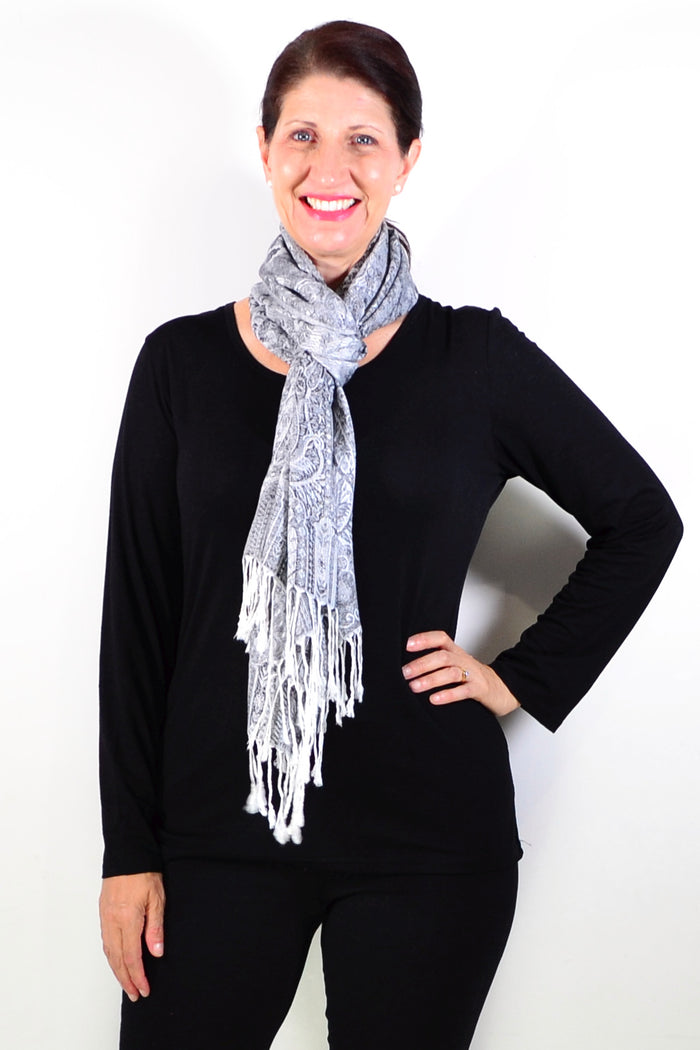 Silver grey paisley print scarf wrap by ivys, showcasing lightweight fabric and intricate paisley pattern for stylish layering.