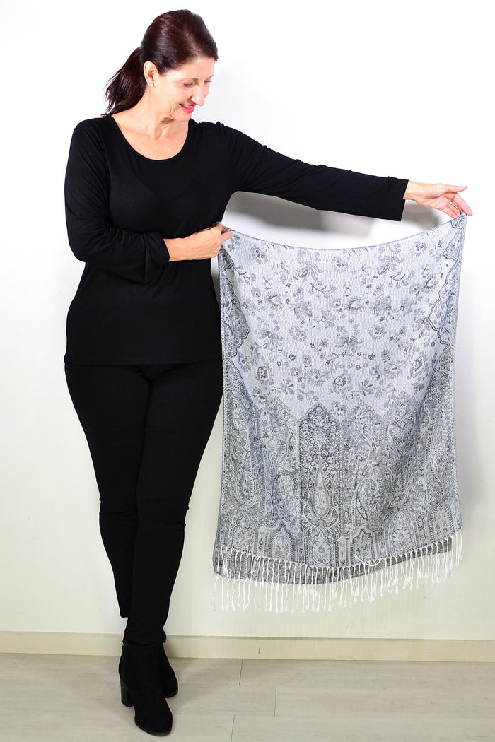 Silver grey paisley print scarf wrap by ivys, showcasing soft fabric with intricate paisley patterns, ideal for stylish layering.