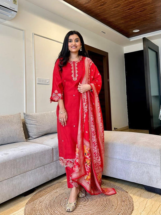 Simran Cutwork Chanderi Set- Red