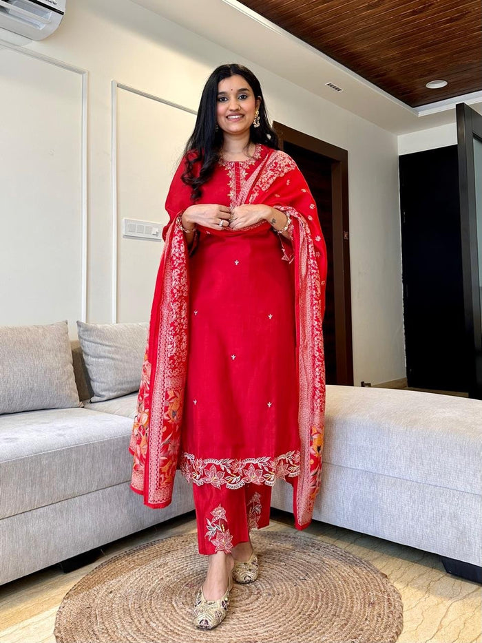 Simran Cutwork Chanderi Set- Red