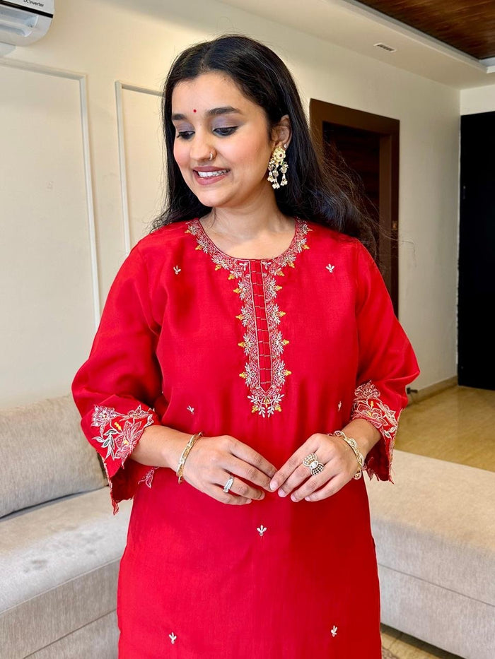 Simran Cutwork Chanderi Set- Red
