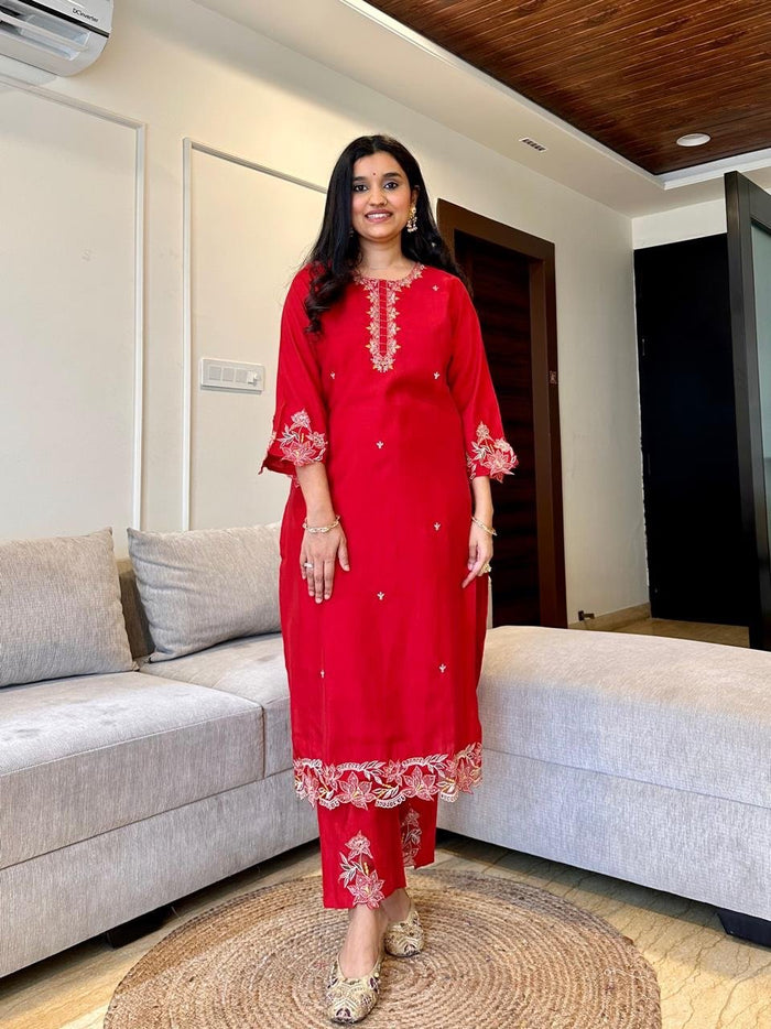 Simran Cutwork Chanderi Set- Red