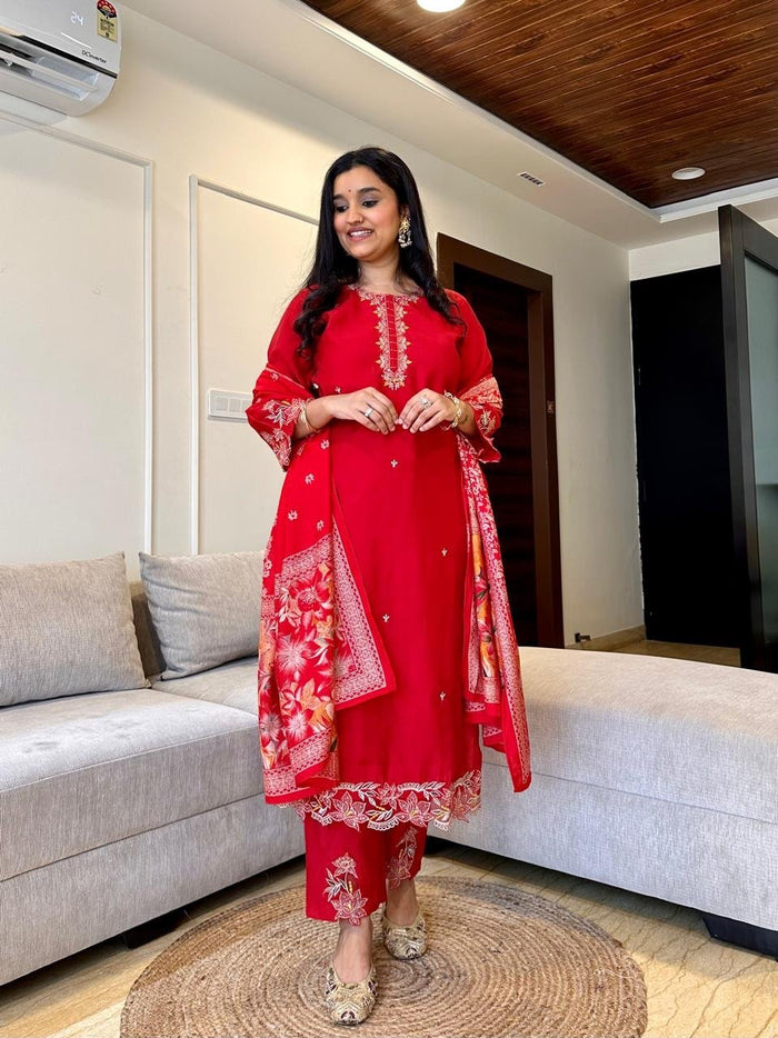 Simran Cutwork Chanderi Set- Red