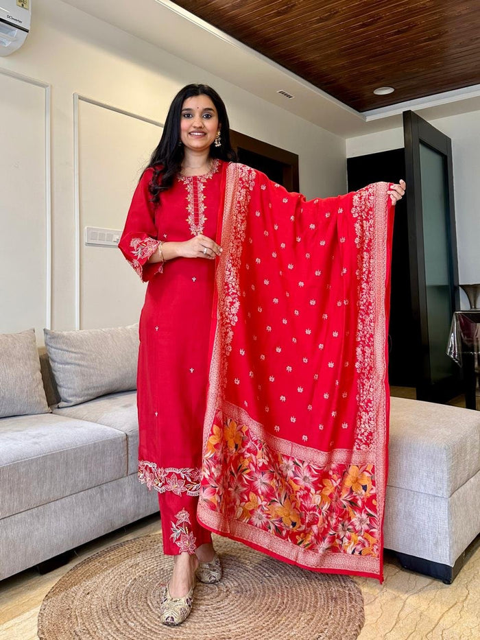 Simran Cutwork Chanderi Set- Red