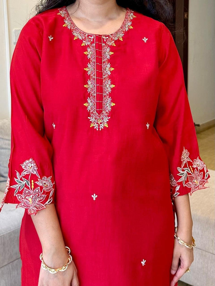 Simran Cutwork Chanderi Set- Red