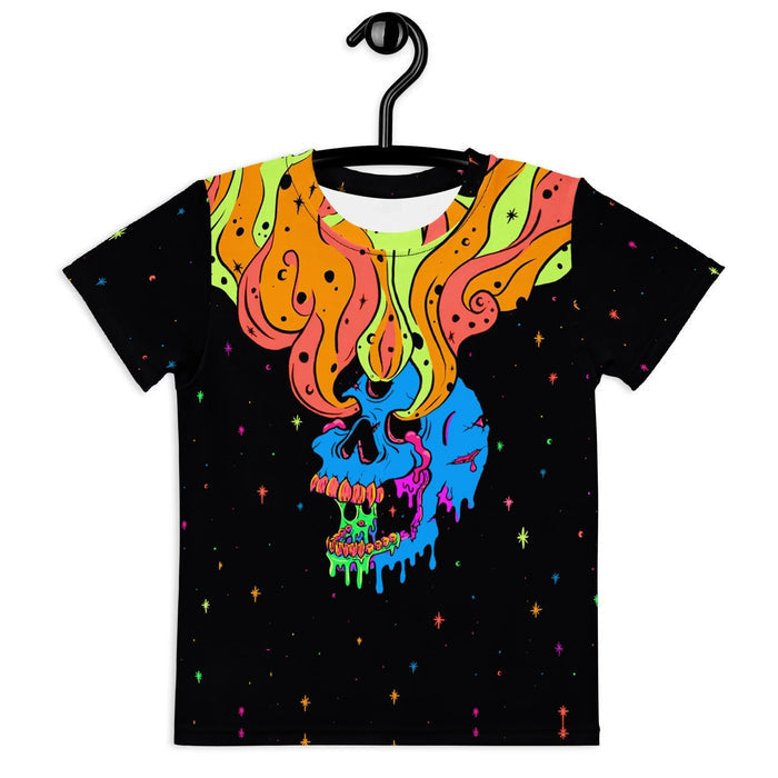 Set against a deep void black, an electric cyan blue skull melts in profile view (viscous droplets liquefying off the jaw). Contact us with accessibility feedback, we'd love to help!