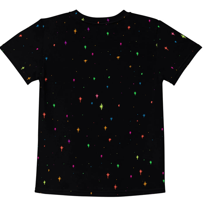 Skelly Space Drip Kid's Tee - The sharp contrast between the electric cyan (#00AEFF) skeletal jaw and the gravity-defying radioactive lime (#CCFF00) fluid eruption.
