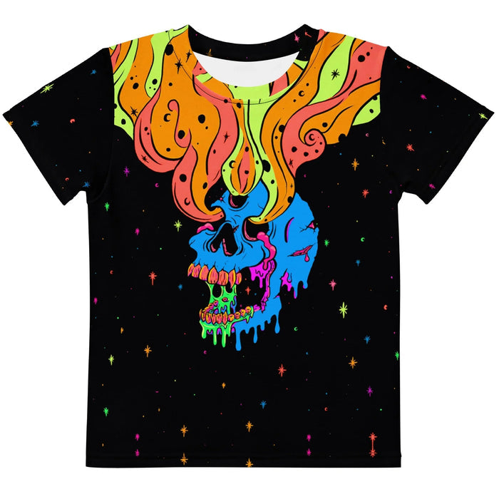 Skelly Space Drip Kid's Tee in Neon Cosmic Meltdown. CPSIA Compliant, OEKO-TEX® 100, REACH Compliant.